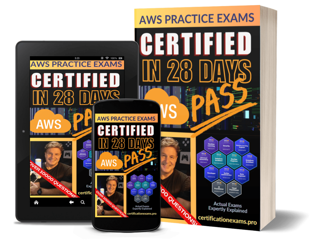 AWS practice exams cover shown on tablet and book