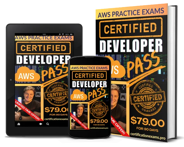 AWS practice exams cover shown on tablet and book